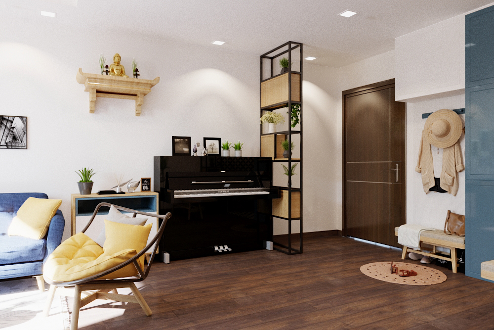Sảnh vào được thiết kế hiện đại, mang hơi hướng Scandinavian. Sự kết hợp giữa vật liệu sắt, gỗ, vải nỉ và cây xanh trang trí mang lại cảm giác thân thiện, gần gũi với thiên nhiên.