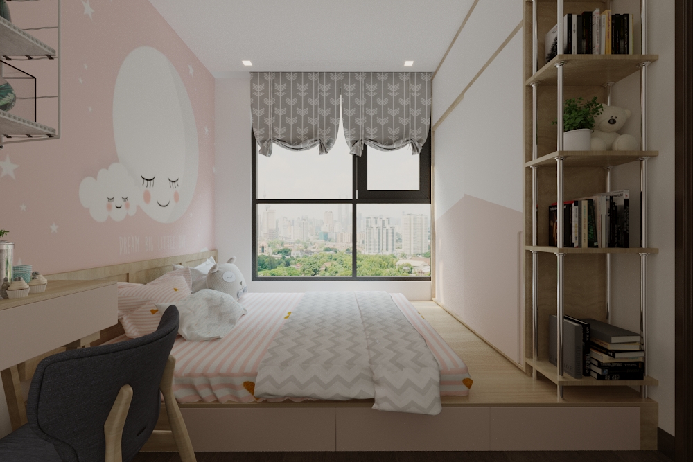 Giường được bố trí trên hệ bục nâng sàn và kết hợp tủ áo, giúp tiết kiệm không gian