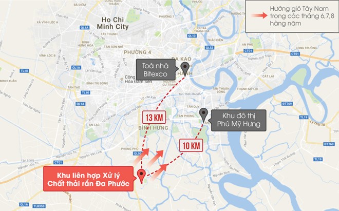 Vị trí bãi rác Đa Phước và khu vực lân cận. Đồ họa: Phượng Nguyễn.