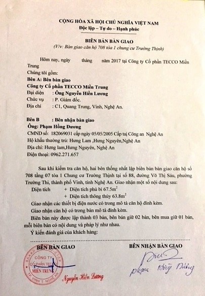 Biên bản bàn giao căn hộ không gi ngày, tháng.