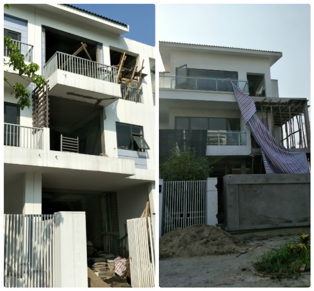 Không gian thông thoáng của các nhà liền kề đã bị chiếm dụng để tập kết vật liệu xây dựng phục vụ việc sửa chữa gây ô nhiễm tiếng ồn, bụi bẩn ảnh hưởng chung tới cả khu dân cư trong khu đô thị.