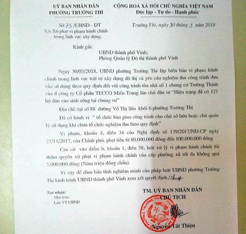 Biên bản xử phạt vi phạm hành chính trong lĩnh vực trật tự xây dựng đô thị của UBND phường Trường Thi đối với chủ dự án, xây dựng Tecco miền Trung