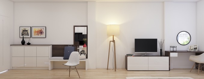 Nội thất đẹp và điển hình cho căn phòng có diện tích nhỏ. Chiếc gương treo khiến căn phòng thêm rộng hơn.
