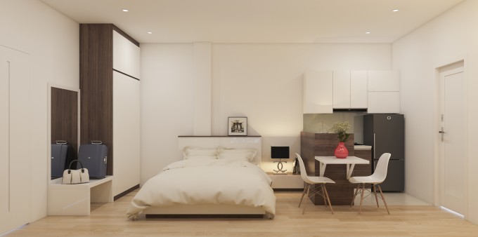Khu vực bếp, bàn ăn và phòng khách được kết hợp trong một không gian thuận tiện.