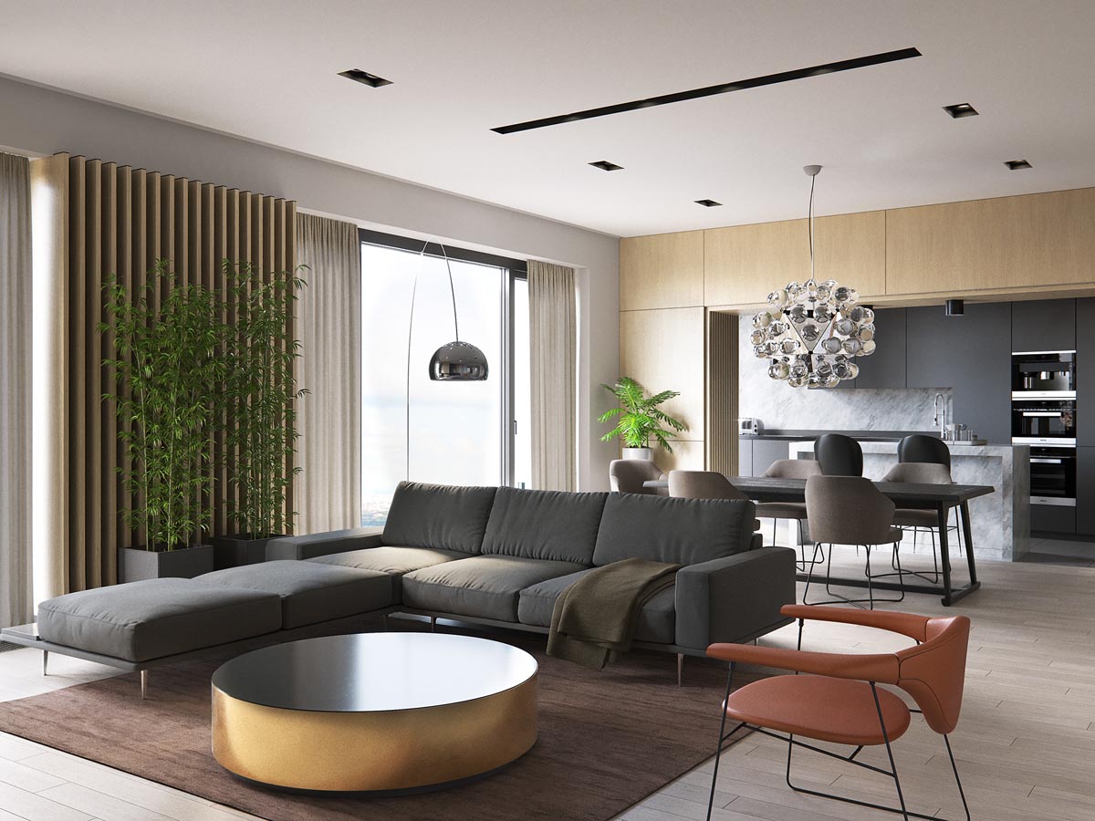 Những chiếc đèn ngoại cỡ đặt sàn “đứng sau” bộ sofa xám chắc chắn là một điểm nhấn khó quên.