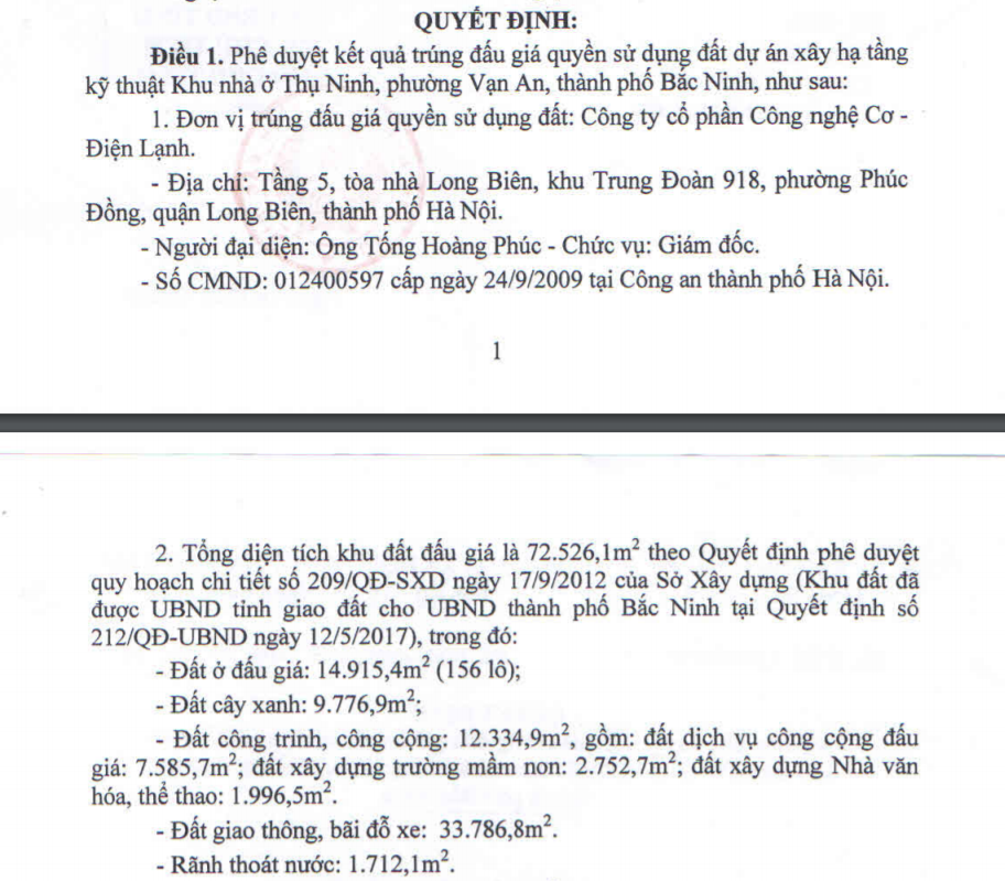Quyết định của UBND tỉnh Bắc Ninh về khu đất đấu giá