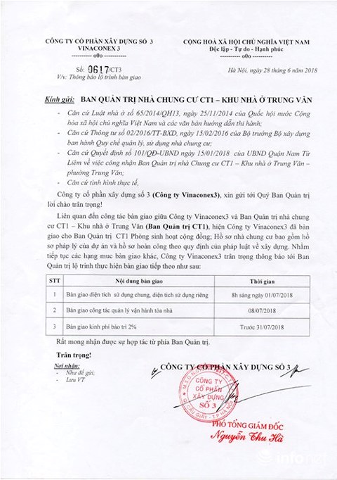 Vinaconex 3 gửi văn bản “hứa” sẽ bàn giao qũy bảo trì cho Ban quản trị chung cư CT1 Khu nhà ở Trung Văn trước ngày 31/7/2018 nhưng đến nay vẫn chẳng thấy đâu...