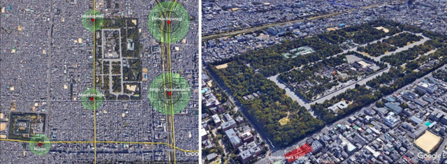 Hoàng cung và Phủ tướng quân Kyoto, vị trí 5 nhà ga và 3 tuyến ngầm. Vòng tròn nhỏ có bán kính 200m, vòng lớn là 500m