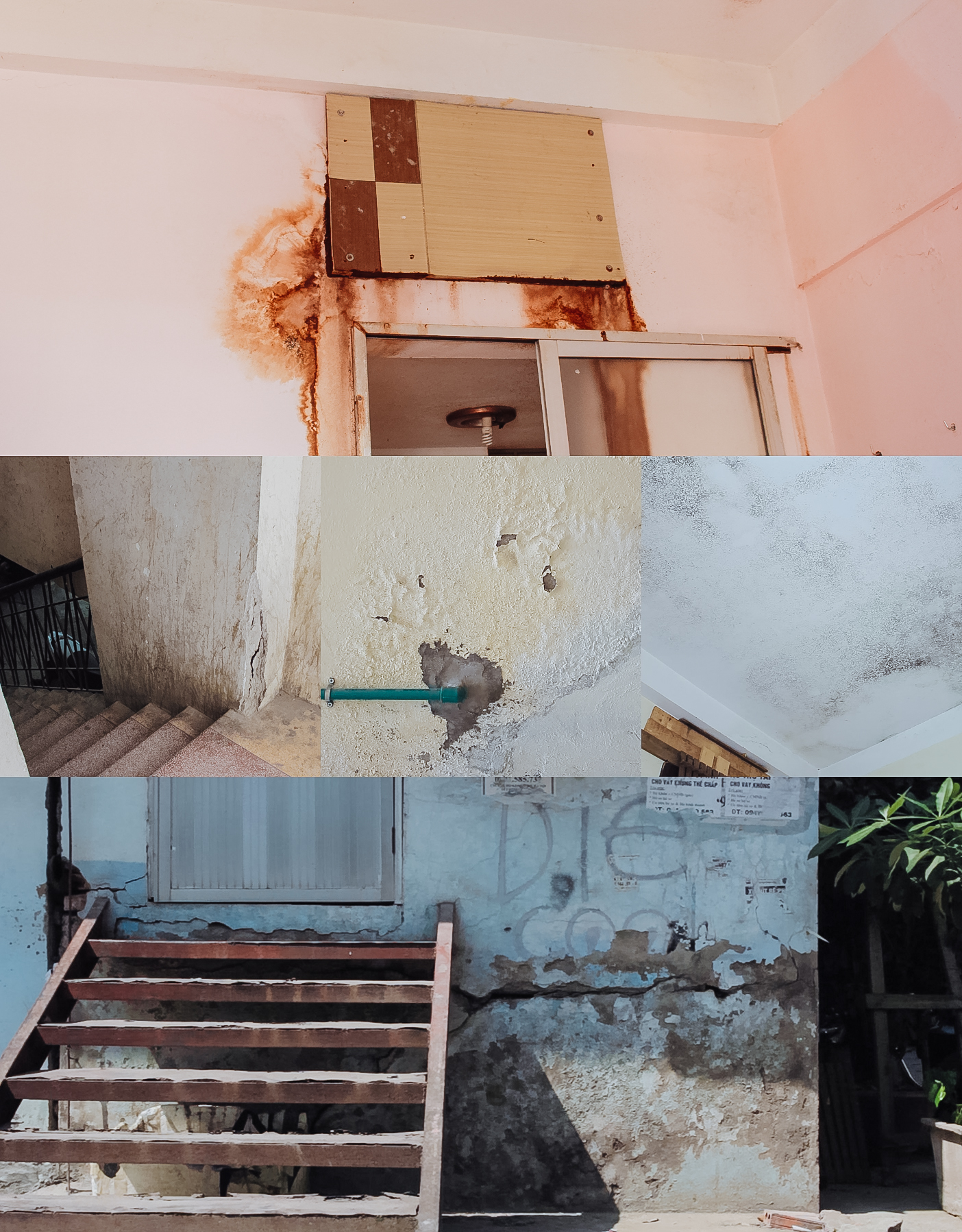 trần nhà ẩm mốc, nước thải sinh hoạt ngấm thành những mảng màu vàng đục, tường bong tróc là tình trạng của nhiều căn hộ tại chung cư N06 Dịch Vọngbr class=